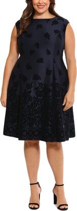 Plus Size Flocked Fit & Flare Dress - Navy/black