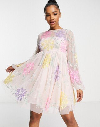 flower puff mini dress in multicolor