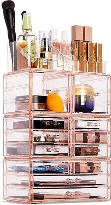 X-Large Clear Pink Makeup Organizer Case - 4 Piece Set (12 Drawers)