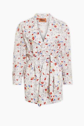 Glittered floral-print crochet-knit trench coat
