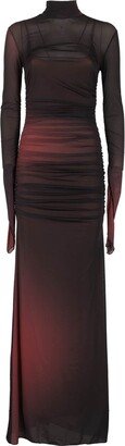 Long Sleeved Ruched Mesh Dress