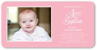 Baptism Invitations: Celebration Cross Girl Baptism Invitation, Pink, Signature Smooth Cardstock, Rounded