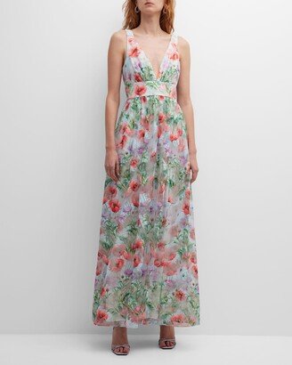 Liv Foster Sleeveless Embroidered Deep V-Neck Gown