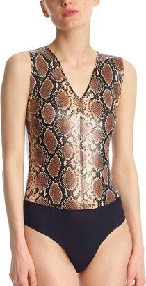 Faux Leather Animal V-Neck Bodysuit In Snake