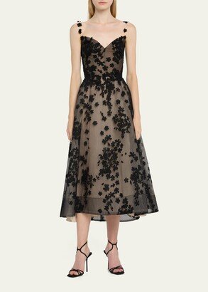 Floral Applique Tulle Fit-Flare Midi Dress