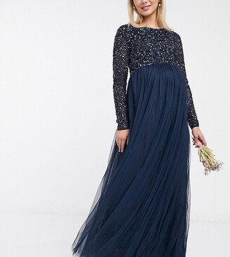 Bridesmaid long sleeve maxi dress with delicate sequin in navy