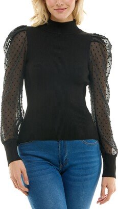 Juniors' Mock-Neck Clip-Dot-Puff-Sleeve Sweater