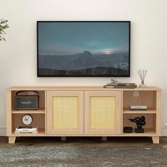 GEROJO Oak 64.4 Rattan TV Stand with Hidden Storage and Cable Management, Farmhouse Style Entertainment Center for 65-70 Inch TV