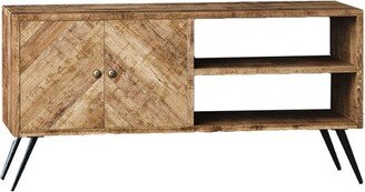 Mindful Living Rustic Farmhouse Mid Century Fusion 2 Shelf Mango Wood Top & Iron Hairpin Legs Chevron Pattern TV Console Cabinet Entertainment Center