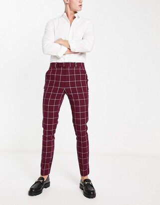 skinny smart pants in burgundy window pane plaid