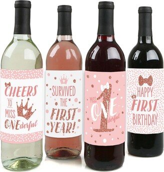 Big Dot Of Happiness 1st Birthday Little Miss Onederful - Party Decor Wine Bottle Label Stickers 4 Ct