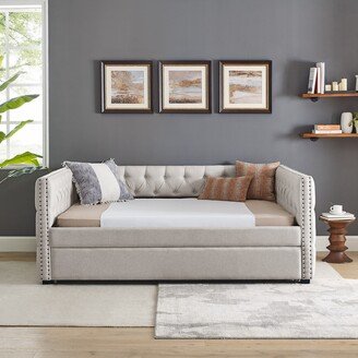 Tiramisubest Linen Upholstered Full Daybed with Twin Trundle and Copper Nail