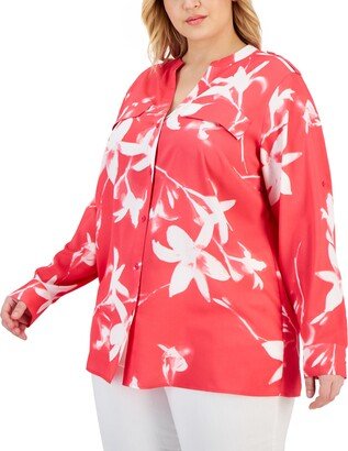 Size Printed Split-Neck Button-Front Blouse