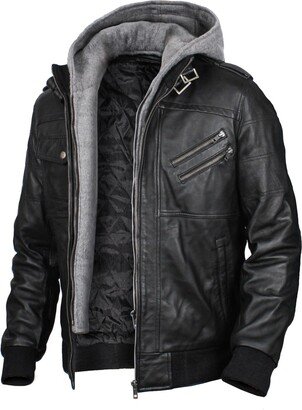 MISTRIL Mens leather jacket Geniune motorcycle Fashion jacket men with removable hood leather jacket for man Leather jacket (US