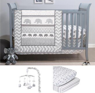 The Elephant Walk 6 Piece Baby Nursery Crib Bedding Set, Quilt, Crib Sheets, Crib Skirt, and Mobile - Grey/white