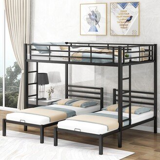 IGEMAN Black Full over Twin&Twin Size Metal Bunk Bed with Built-in Shelf