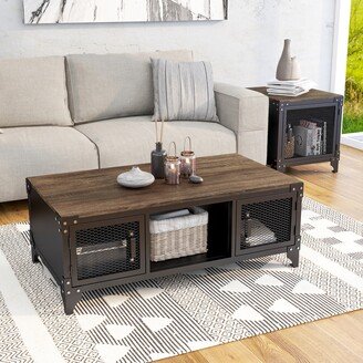 Conner Rustic Dark Walnut Steel 2-Piece Storage Coffee and End Table Set