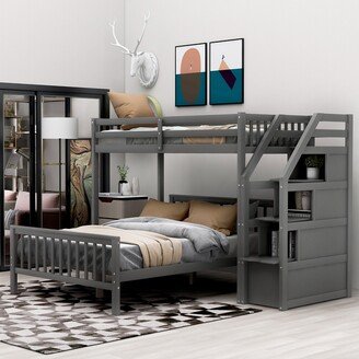 EDWINRAY Twin over Full Wooden Loft Bed with Staircase and 3 Storage Grids, High Guardrails,Ladder