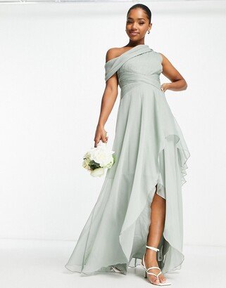 Bridesmaid fallen shoulder drape maxi dress with layered wrap skirt in olive