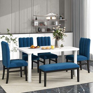 GEROJO White+Blue Elegant 6-Piece Marble Veneer Dining Table Set with Chairs & Bench