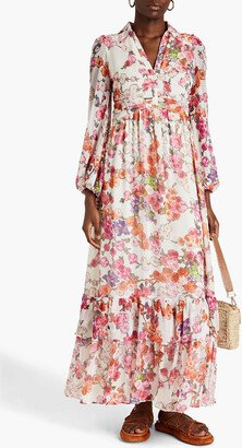 Gathered floral-print crepon maxi shirt dress