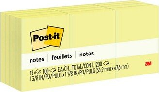 3M Post-it Original Plain Notes, 1-1/2 x 2 Inches, Canary Yellow, Pack of 12