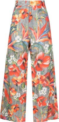 Floral-Pattern High-Waisted Trousers