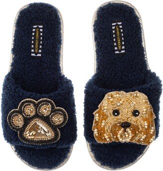 Laines London Teddy Towelling Slipper Sliders With Enki Doo & Paw Brooch - Navy