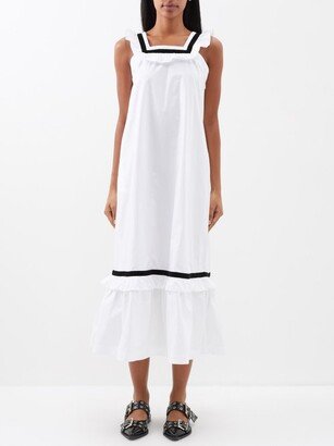 Yeva Flocked-trim Cotton-poplin Midi Dress