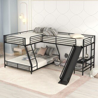 EYIW L-Shaped Twin over Full Bunk Bed with Twin Size Loft Bed, Metal Frame Bunk Bed with Built-in Desk and Slide