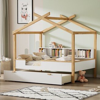 Full Size Wooden House Bed with Twin Size Trundle,Storage Bookshelf