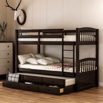 Twin over Twin Wood Bunk Bed with Trundle and Drawers, Espresso