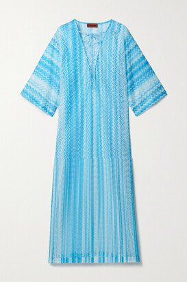 Lace-up Striped Crochet-knit Coverup - Blue