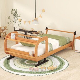 EDWINRAY Twin Size Plane Shaped Platform Bed with Rotatable Propeller, Wood Bed Frame with Storage Shelves for Kids Bedroom, Natural