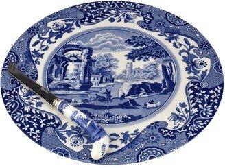 Blue Italian Cheese Plate & Knife 2-Piece Set