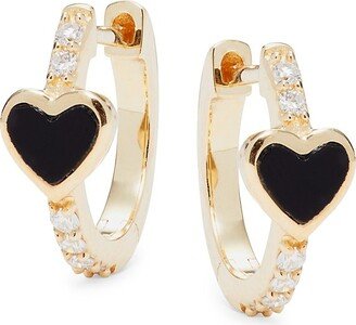 Saks Fifth Avenue Made in Italy Saks Fifth Avenue Women's 14K Yellow Gold, Black Agate & Diamond Heart Huggie Earrings