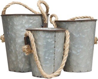 Galvanized Gray Metal Buckets with Rope Handles Set of Three