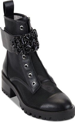 Pippa Mesh Womens Mesh Inset Embellished Combat & Lace-up Boots