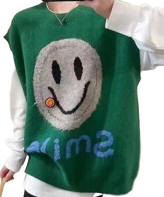 ISOLAY Multicolor Sweater Vest Women Smiley Pattern Cable Oversized Knitted Sleeveless V Neck Casual Tank Top (Green