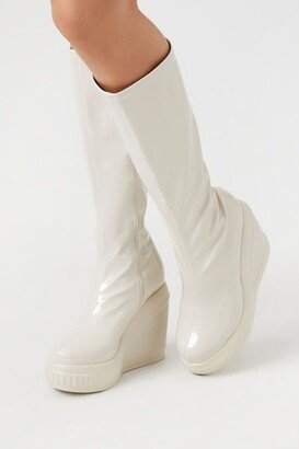 Women's Faux Patent Leather Wedge Boots in Cream, 8.5