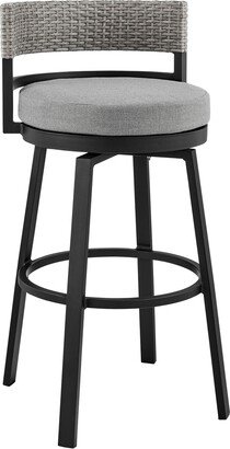 Ella 30 Inch Modern Outdoor Patio Swivel Bar Stool, Aluminum, Gray, Black