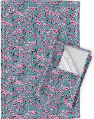 Chinoiserie Trees Tea Towels | Set Of 2 - Sakura Turquoise By Sveta Aho Pink Flower Floral Japan Linen Cotton Spoonflower