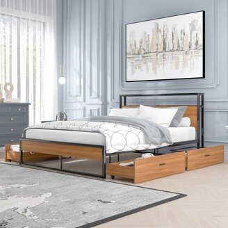 Aoolive Full Size Metal Platform Bed Frame with Four Drawers,Sockets and USB Ports ,Slat Support