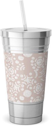 Travel Mugs: Laura In Rose Gardens Stainless Tumbler With Straw, 18Oz, Pink