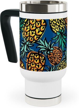 Travel Mugs: Tropical Pineapple - Blue Travel Mug With Handle, 17Oz, Blue