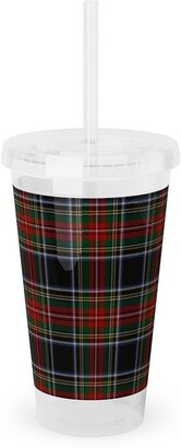 Travel Mugs: Black Stewart Tartan - Red Acrylic Tumbler With Straw, 16Oz, Black