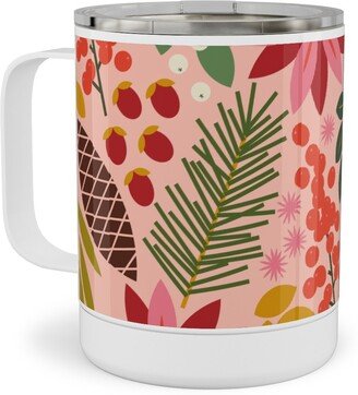 Travel Mugs: Pinecones And Berries - Pink Stainless Steel Mug, 10Oz, Pink