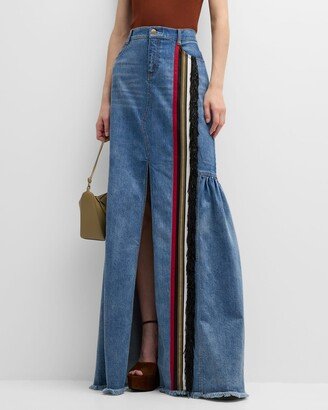 Sekiko Striped Ribbon Fringe Slit-Front Maxi Denim Skirt