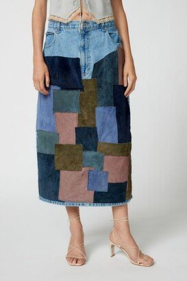 Remade Suede Patch Denim Maxi Skirt