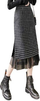 Kisidoo Women's Plaid Long Skirt - High Waisted Fall Winter Knee Length Pencil Skirt with Tulle Black